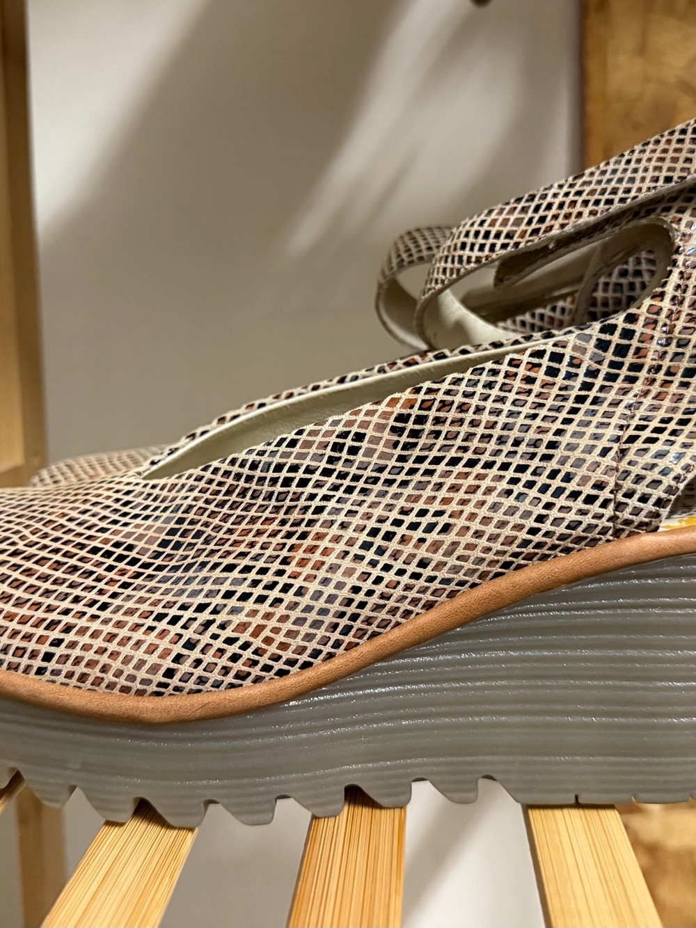 Fly London Beige Patterned Peep-Toe Ankle Strap Sandals - Picture 2 of 3